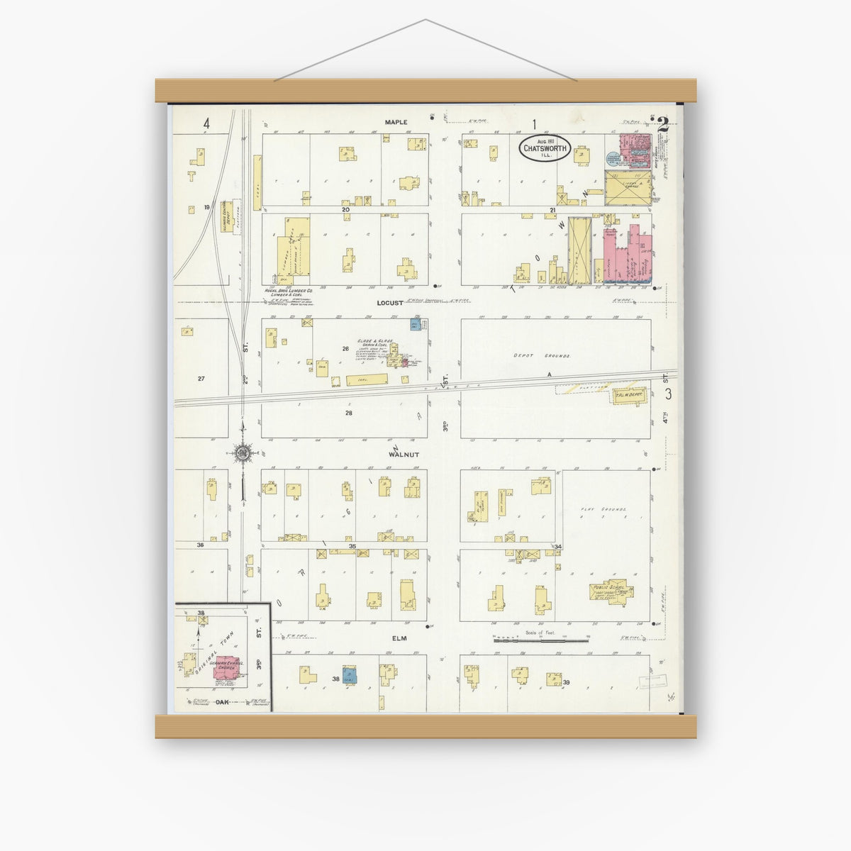 Old map wall art mockup — magnetic wood frame on white wall — Sanborn Fire Insurance Map from Chatsworth, Livingston County, Illinois (1911), Sheet #0002