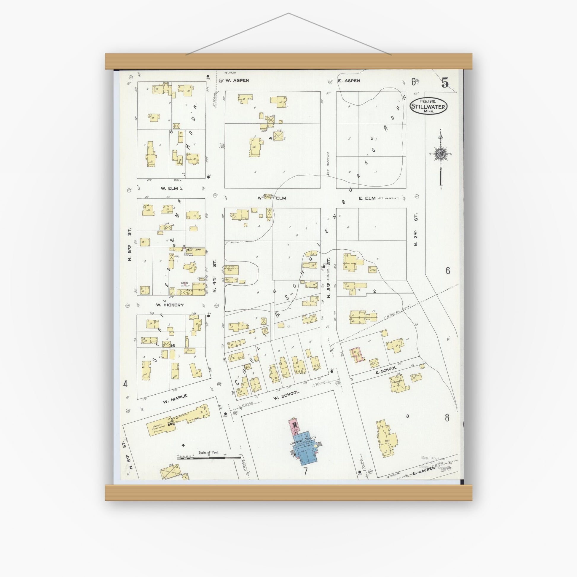 Old map wall art mockup — magnetic wood frame on white wall — Sanborn Fire Insurance Map from Stillwater, Washington County, Minnesota (1910), Sheet #0005