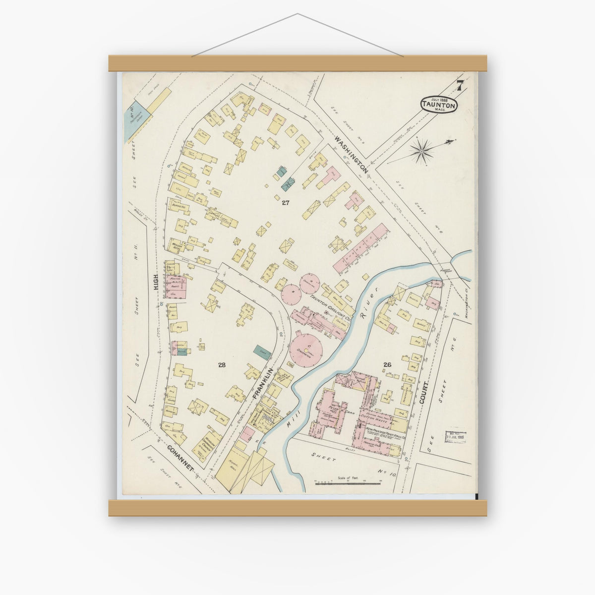 Old map wall art mockup — magnetic wood frame on white wall — Sanborn Fire Insurance Map from Taunton, Bristol County, Massachusetts (1888), Sheet #0007