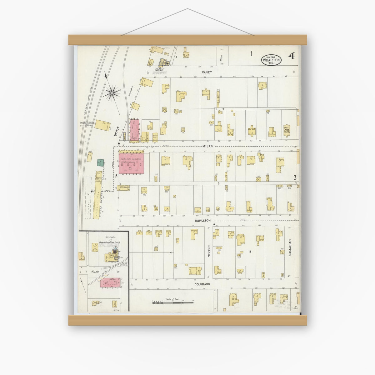 Old map wall art mockup — magnetic wood frame on white wall — Sanborn Fire Insurance Map from Wharton, Wharton County, Texas (1906), Sheet #0004