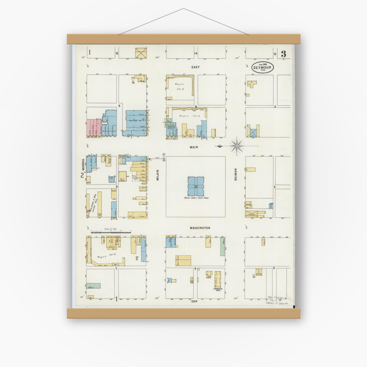 Old map wall art mockup — magnetic wood frame on white wall — Sanborn Fire Insurance Map from Seymour, Baylor County, Texas (1898), Sheet #0003