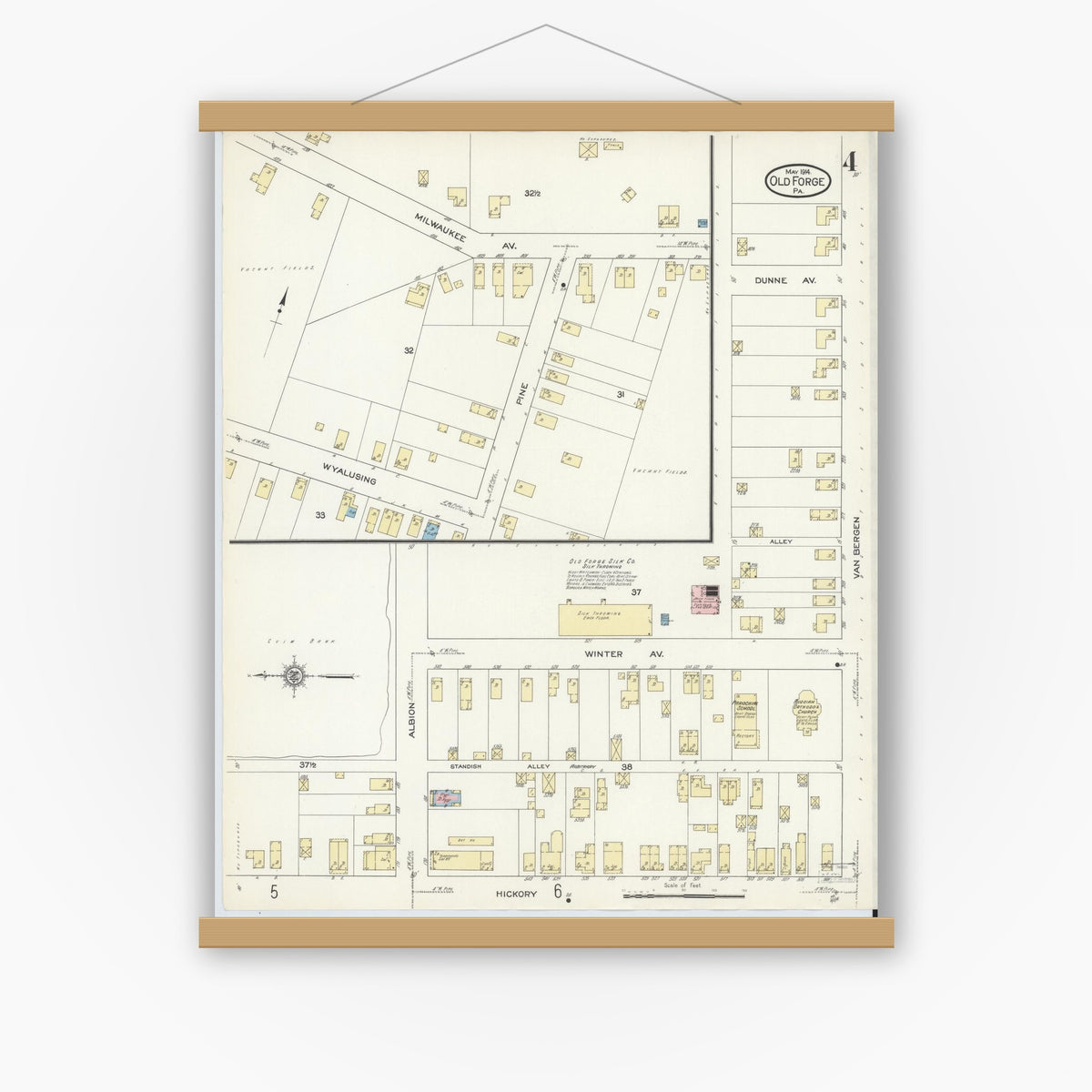 Old map wall art mockup — magnetic wood frame on white wall — Sanborn Fire Insurance Map from Old Forge, Lackawanna County, Pennsylvania (1914), Sheet #0004