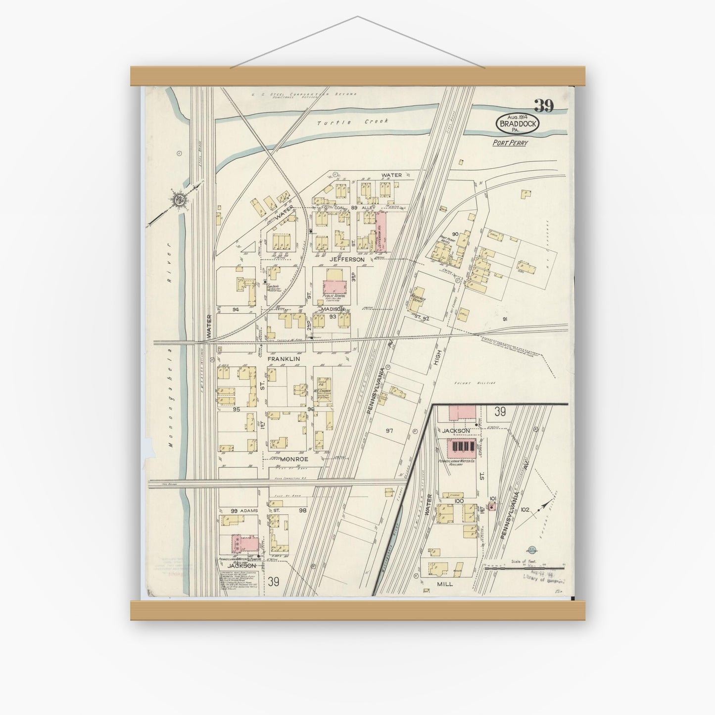 Old map wall art mockup — magnetic wood frame on white wall — Sanborn Fire Insurance Map from Braddock, Allegheny County, Pennsylvania (1914), Sheet #0039