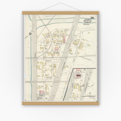 Old map wall art mockup — magnetic wood frame on white wall — Sanborn Fire Insurance Map from Braddock, Allegheny County, Pennsylvania (1914), Sheet #0039