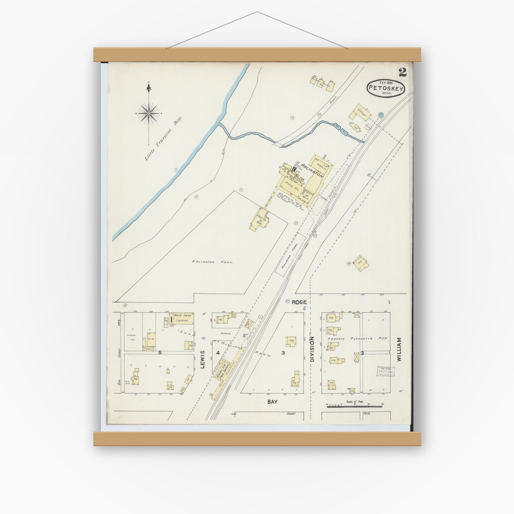 Old map wall art mockup — magnetic wood frame on white wall — Sanborn Fire Insurance Map from Petoskey, Emmet County, Michigan (1890), Sheet #0002