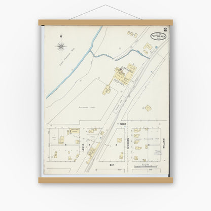 Old map wall art mockup — magnetic wood frame on white wall — Sanborn Fire Insurance Map from Petoskey, Emmet County, Michigan (1890), Sheet #0002