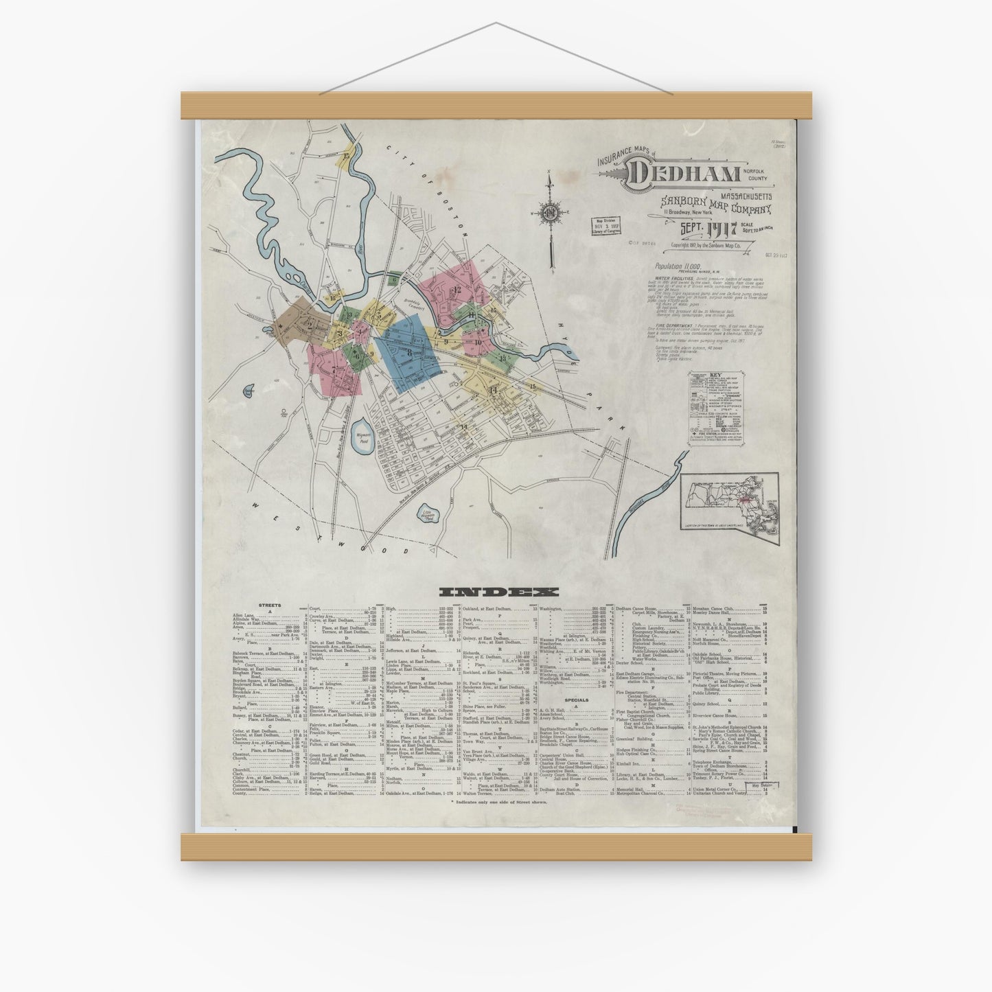 Old map wall art mockup — magnetic wood frame on white wall — Sanborn Fire Insurance Map from Dedham, Norfolk County, Massachusetts (1917), Sheet #0001