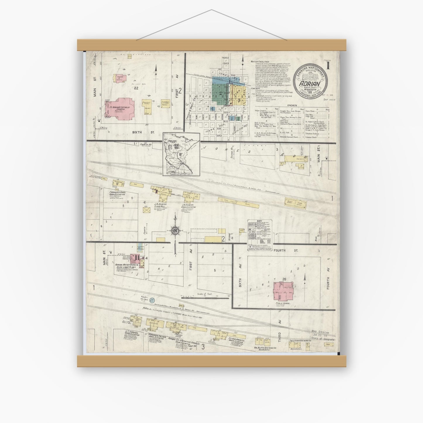 Old map wall art mockup — magnetic wood frame on white wall — Sanborn Fire Insurance Map from Adrian, Nobles County, Minnesota (1913), Sheet #0001