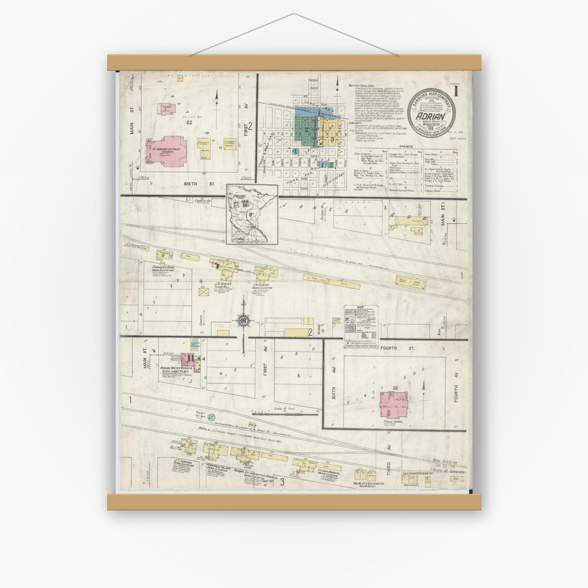 Old map wall art mockup — magnetic wood frame on white wall — Sanborn Fire Insurance Map from Adrian, Nobles County, Minnesota (1913), Sheet #0001