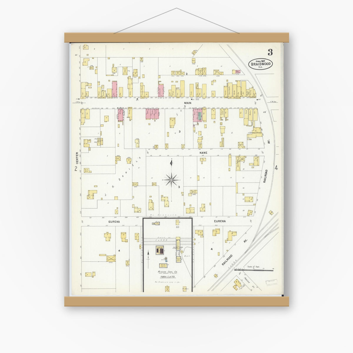 Old map wall art mockup — magnetic wood frame on white wall — Sanborn Fire Insurance Map from Braidwood, Will County, Illinois (1907), Sheet #0003