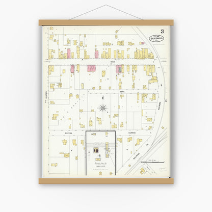 Old map wall art mockup — magnetic wood frame on white wall — Sanborn Fire Insurance Map from Braidwood, Will County, Illinois (1907), Sheet #0003
