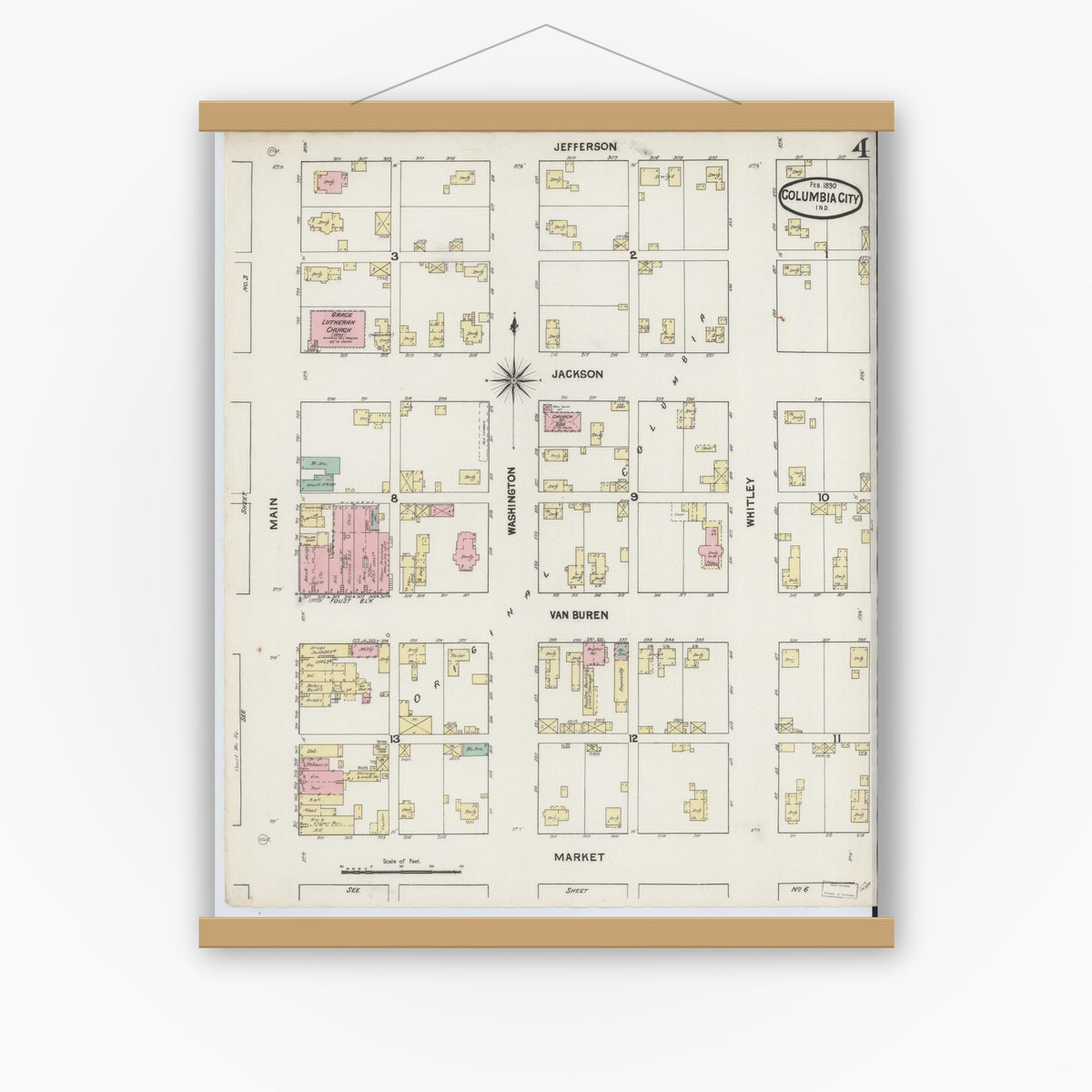 Old map wall art mockup — magnetic wood frame on white wall — Sanborn Fire Insurance Map from Columbia City, Whitley County, Indiana (1890), Sheet #0004
