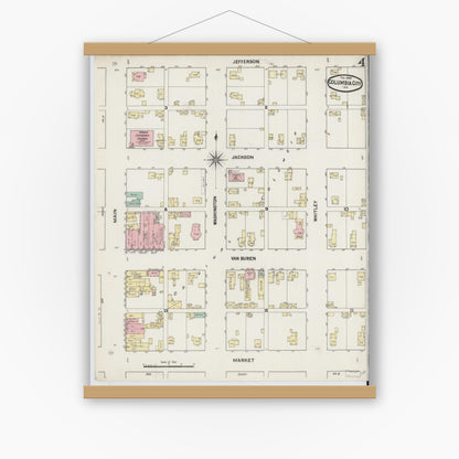 Old map wall art mockup — magnetic wood frame on white wall — Sanborn Fire Insurance Map from Columbia City, Whitley County, Indiana (1890), Sheet #0004