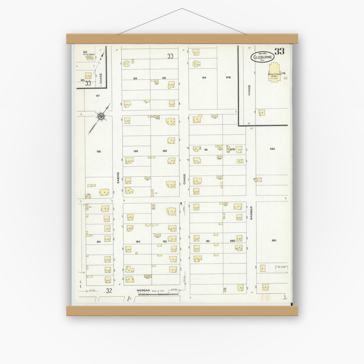 Old map wall art mockup — magnetic wood frame on white wall — Sanborn Fire Insurance Map from Cleburne, Johnson County, Texas (1910), Sheet #0033