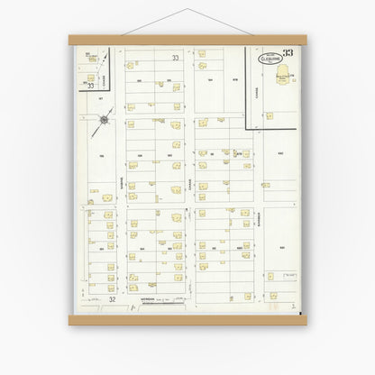 Old map wall art mockup — magnetic wood frame on white wall — Sanborn Fire Insurance Map from Cleburne, Johnson County, Texas (1910), Sheet #0033