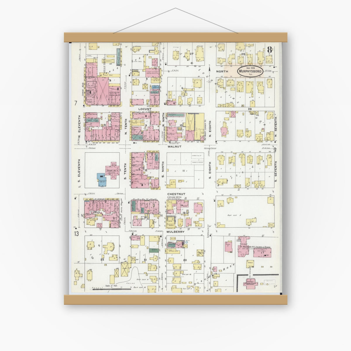 Old map wall art mockup — magnetic wood frame on white wall — Sanborn Fire Insurance Map from Murphysboro, Jackson County, Illinois (1909), Sheet #0008