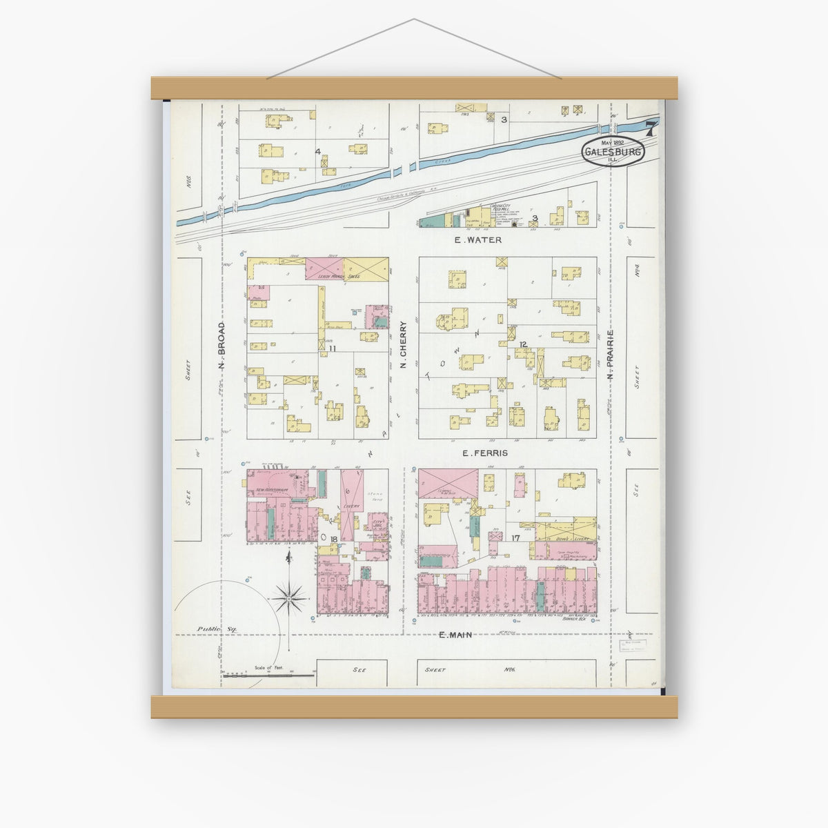 Old map wall art mockup — magnetic wood frame on white wall — Sanborn Fire Insurance Map from Galesburg, Knox County, Illinois (1892), Sheet #0007