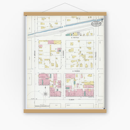 Old map wall art mockup — magnetic wood frame on white wall — Sanborn Fire Insurance Map from Galesburg, Knox County, Illinois (1892), Sheet #0007
