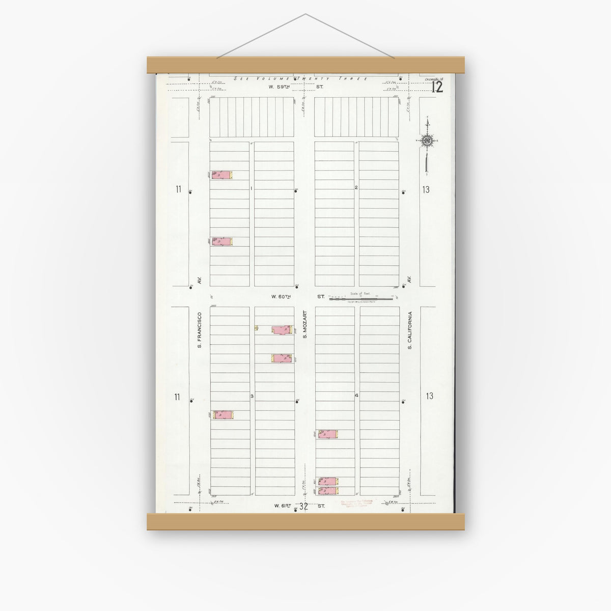Old map wall art mockup — magnetic wood frame on white wall — Sanborn Fire Insurance Map from Chicago, Cook County, Illinois (1920), Sheet #0012
