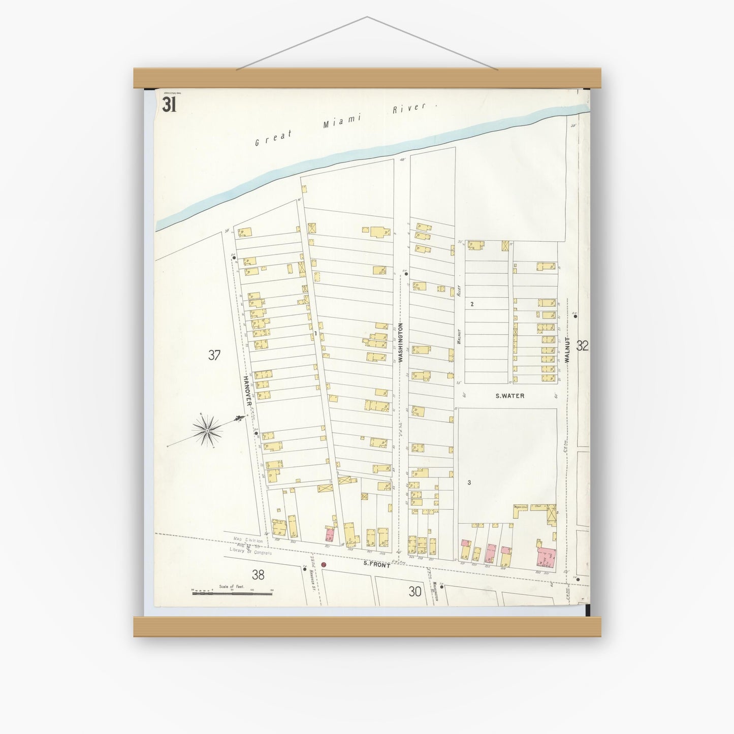 Old map wall art mockup — magnetic wood frame on white wall — Sanborn Fire Insurance Map from Hamilton, Butler County, Ohio (1899), Sheet #0031