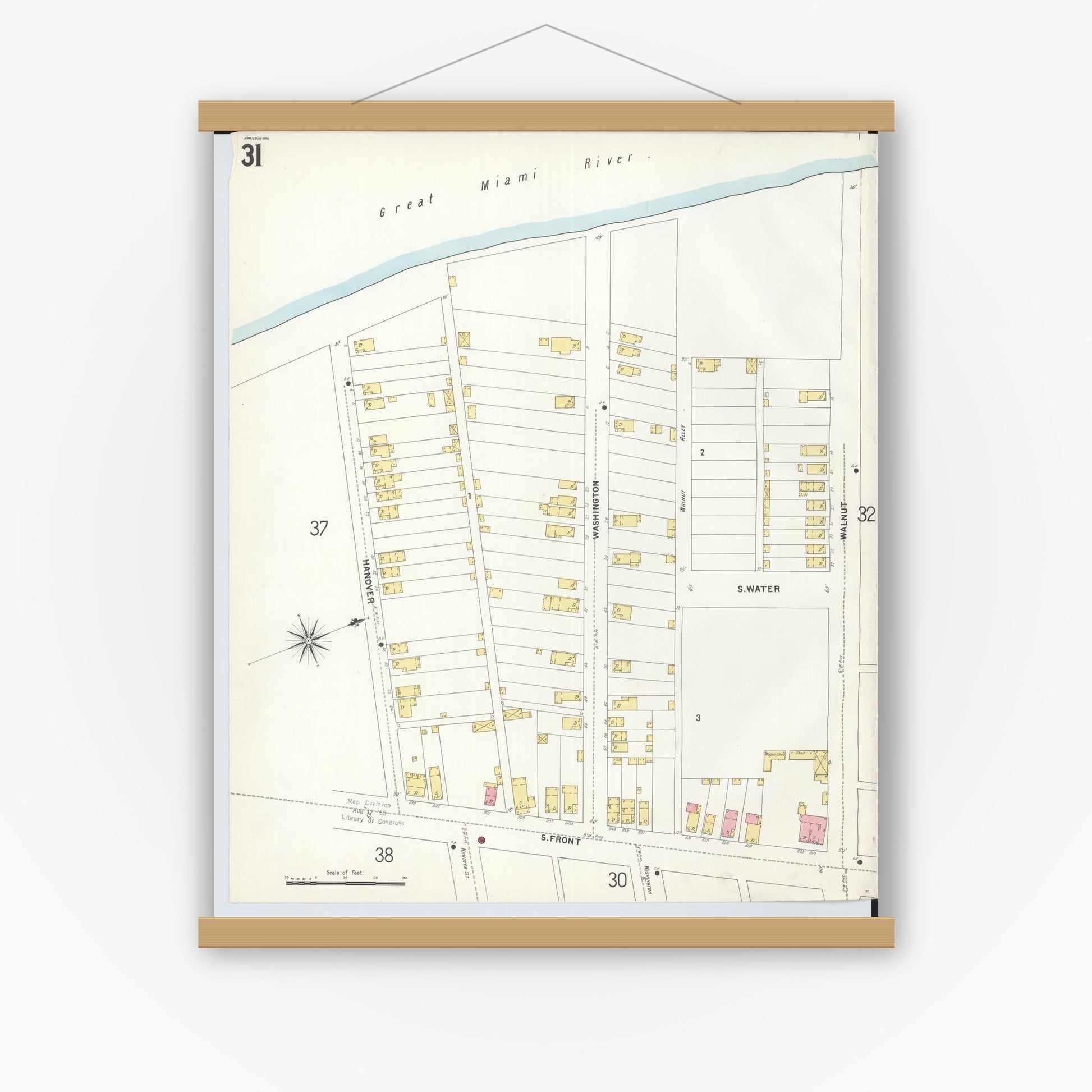 Old map wall art mockup — magnetic wood frame on white wall — Sanborn Fire Insurance Map from Hamilton, Butler County, Ohio (1899), Sheet #0031