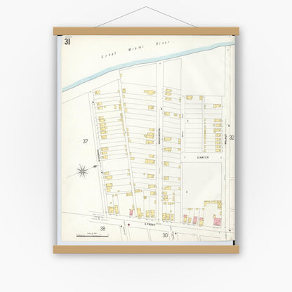 Old map wall art mockup — magnetic wood frame on white wall — Sanborn Fire Insurance Map from Hamilton, Butler County, Ohio (1899), Sheet #0031
