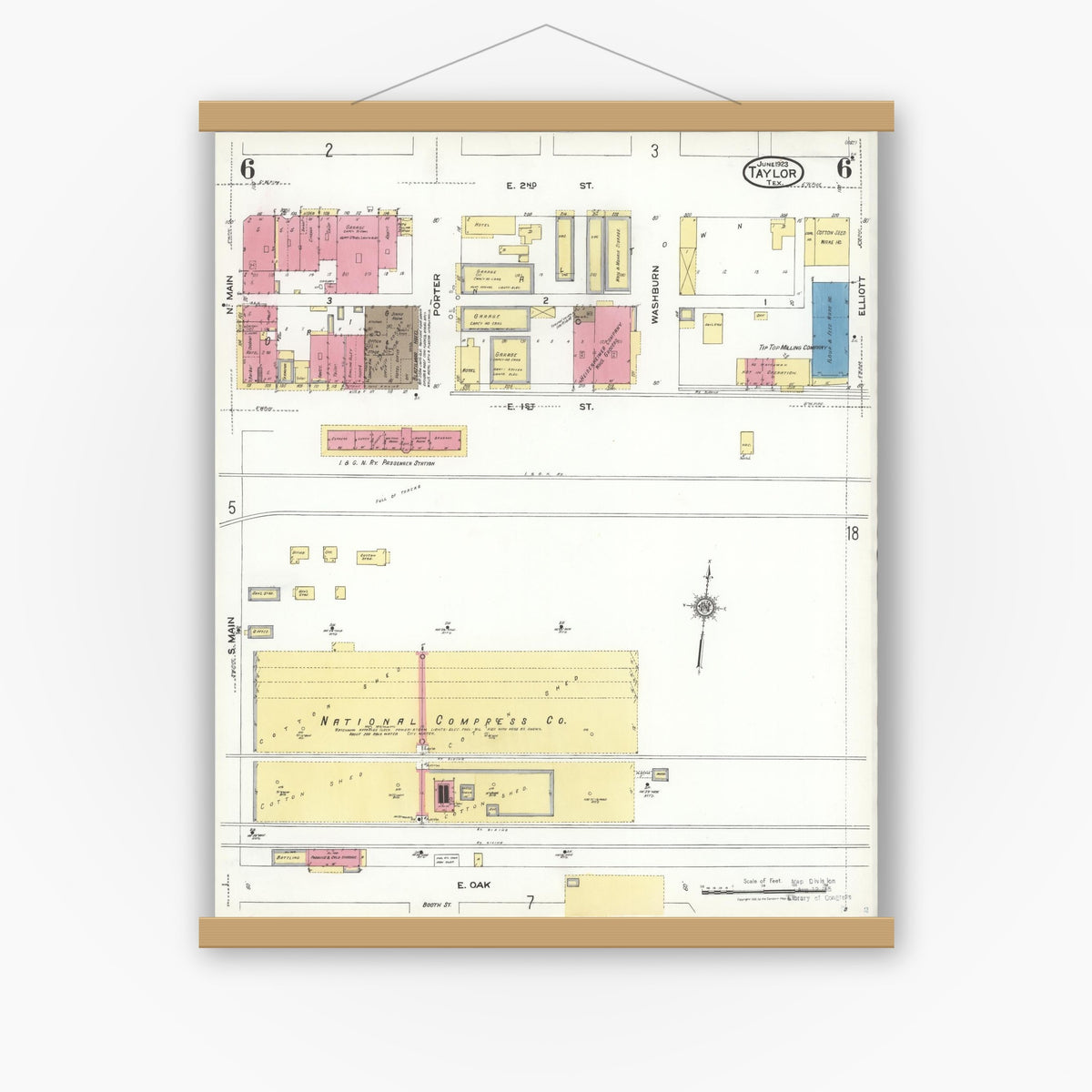Old map wall art mockup — magnetic wood frame on white wall — Sanborn Fire Insurance Map from Taylor, Williamson County, Texas (1923), Sheet #0006