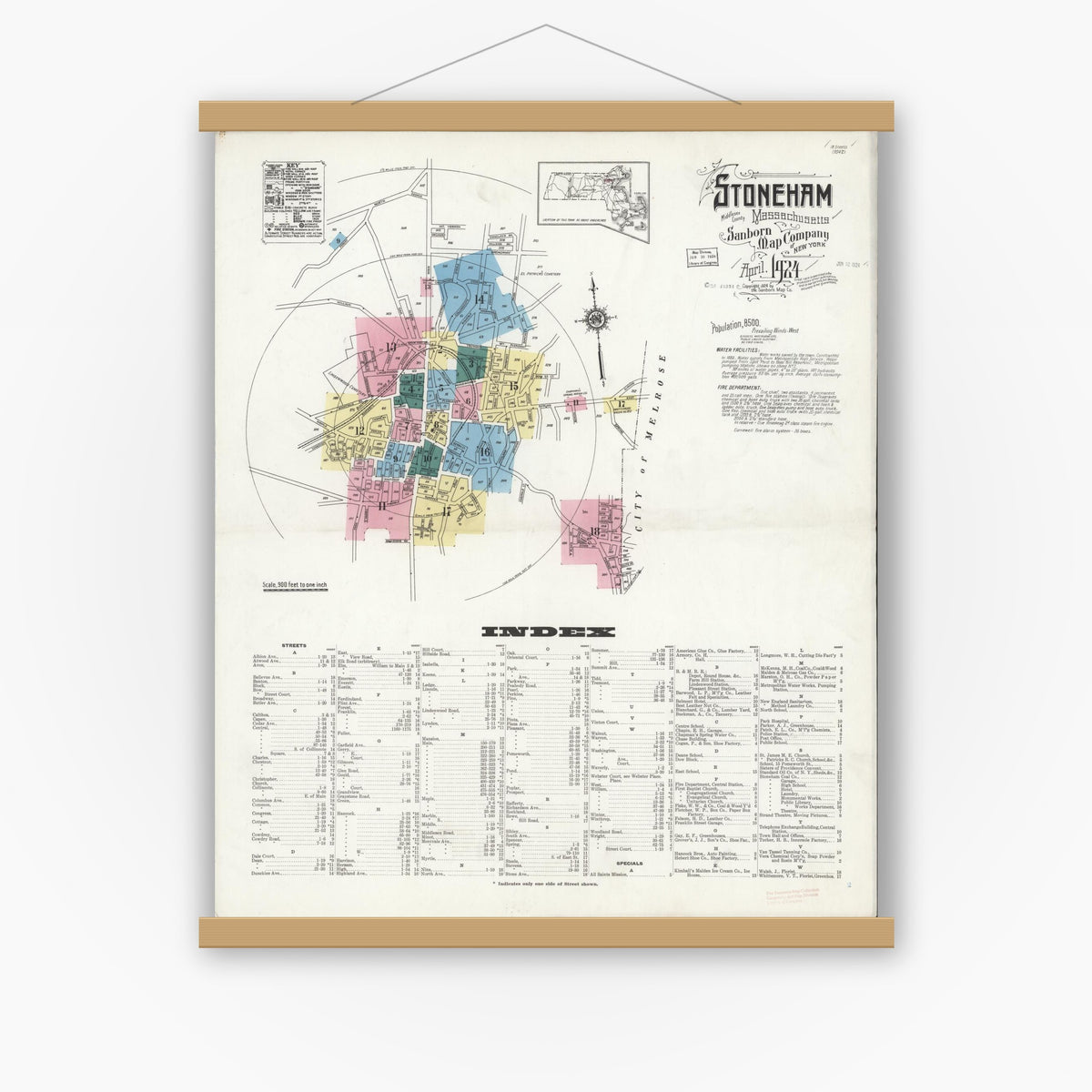 Old map wall art mockup — magnetic wood frame on white wall — Sanborn Fire Insurance Map from Stoneham, Middlesex County, Massachusetts (1916), Sheet #0015