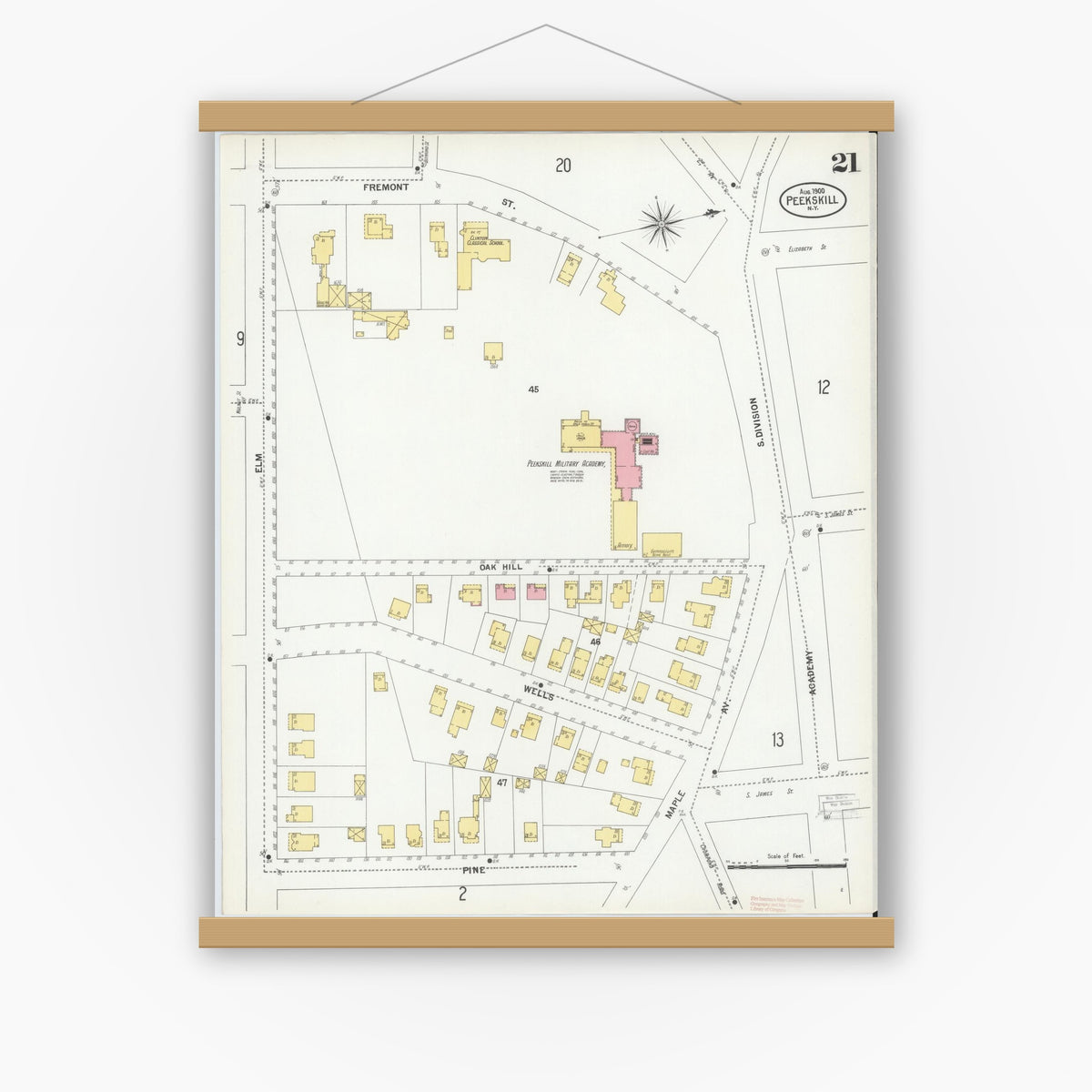 Old map wall art mockup — magnetic wood frame on white wall — Sanborn Fire Insurance Map from Peekskill, Westchester County, New York (1900), Sheet #0021