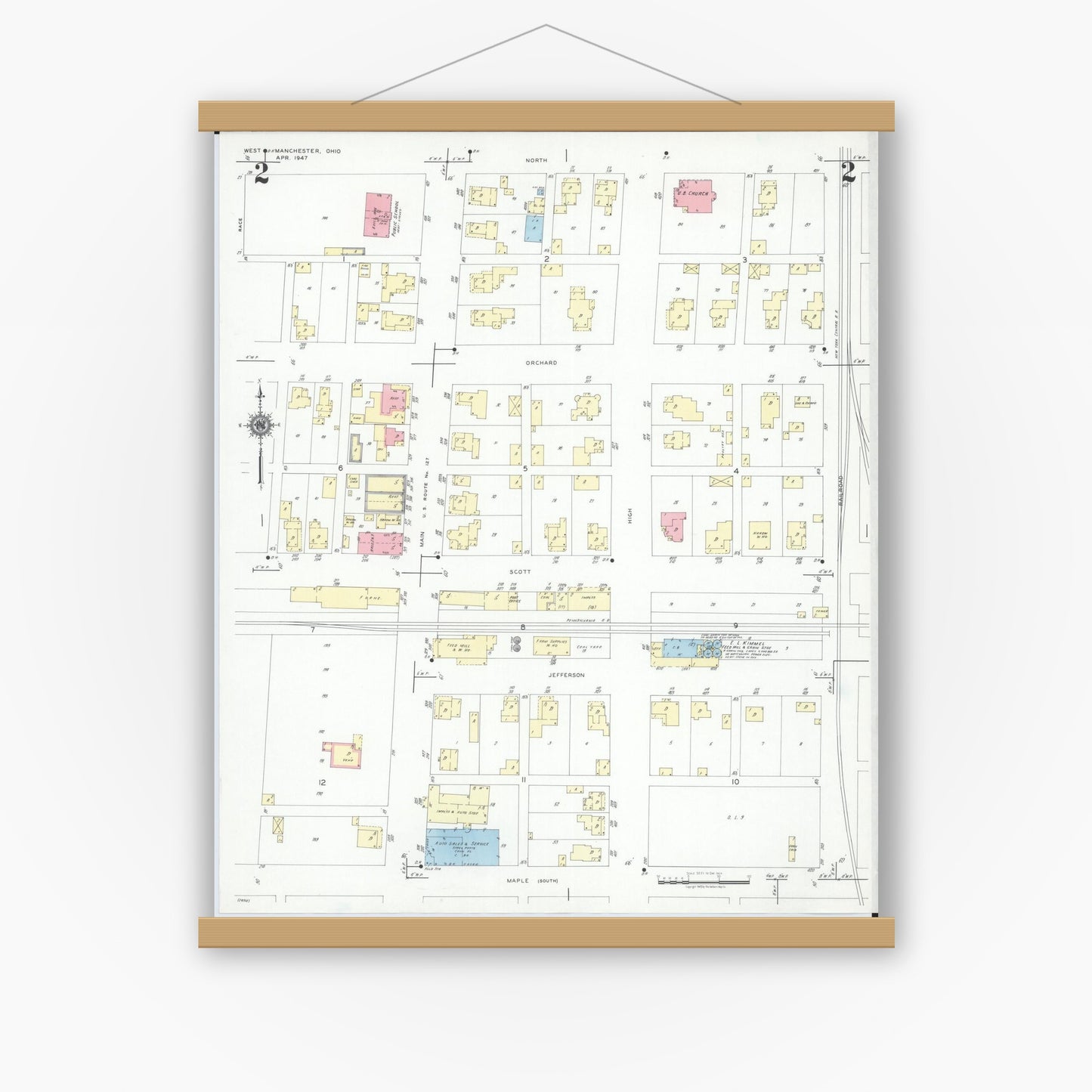 Old map wall art mockup — magnetic wood frame on white wall — Sanborn Fire Insurance Map from West Manchester, Preble County, Ohio (1947), Sheet #0002