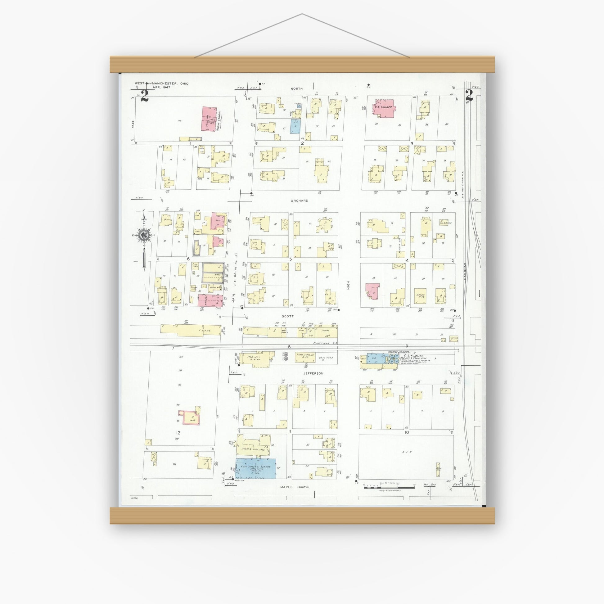 Old map wall art mockup — magnetic wood frame on white wall — Sanborn Fire Insurance Map from West Manchester, Preble County, Ohio (1947), Sheet #0002
