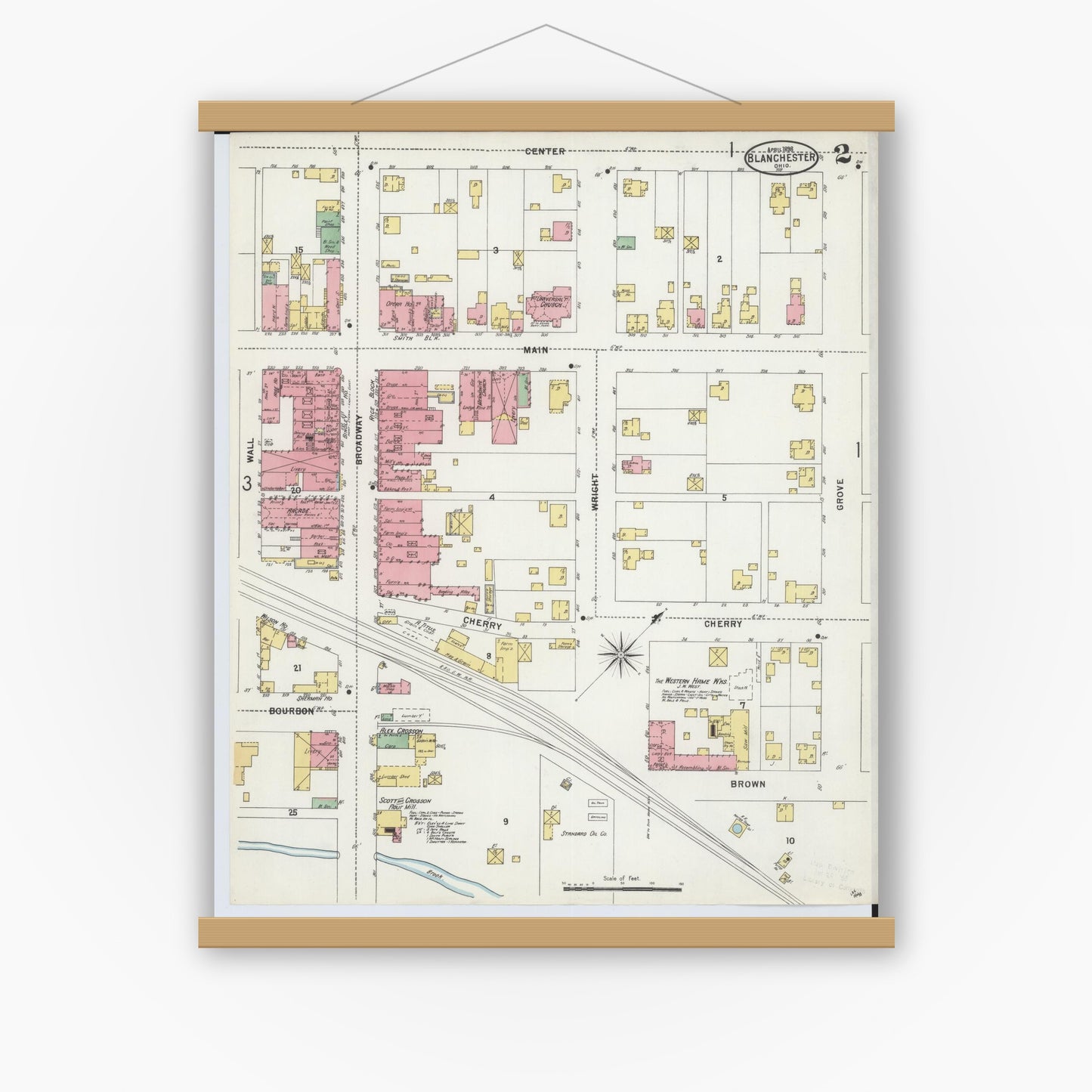 Old map wall art mockup — magnetic wood frame on white wall — Sanborn Fire Insurance Map from Blanchester, Clinton County, Ohio (1898), Sheet #0002