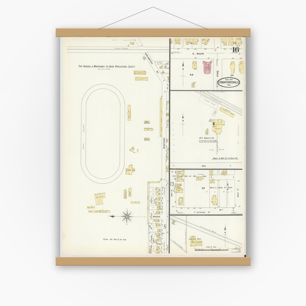 Old map wall art mockup — magnetic wood frame on white wall — Sanborn Fire Insurance Map from Crawfordsville, Montgomery County, Indiana (1907), Sheet #0016