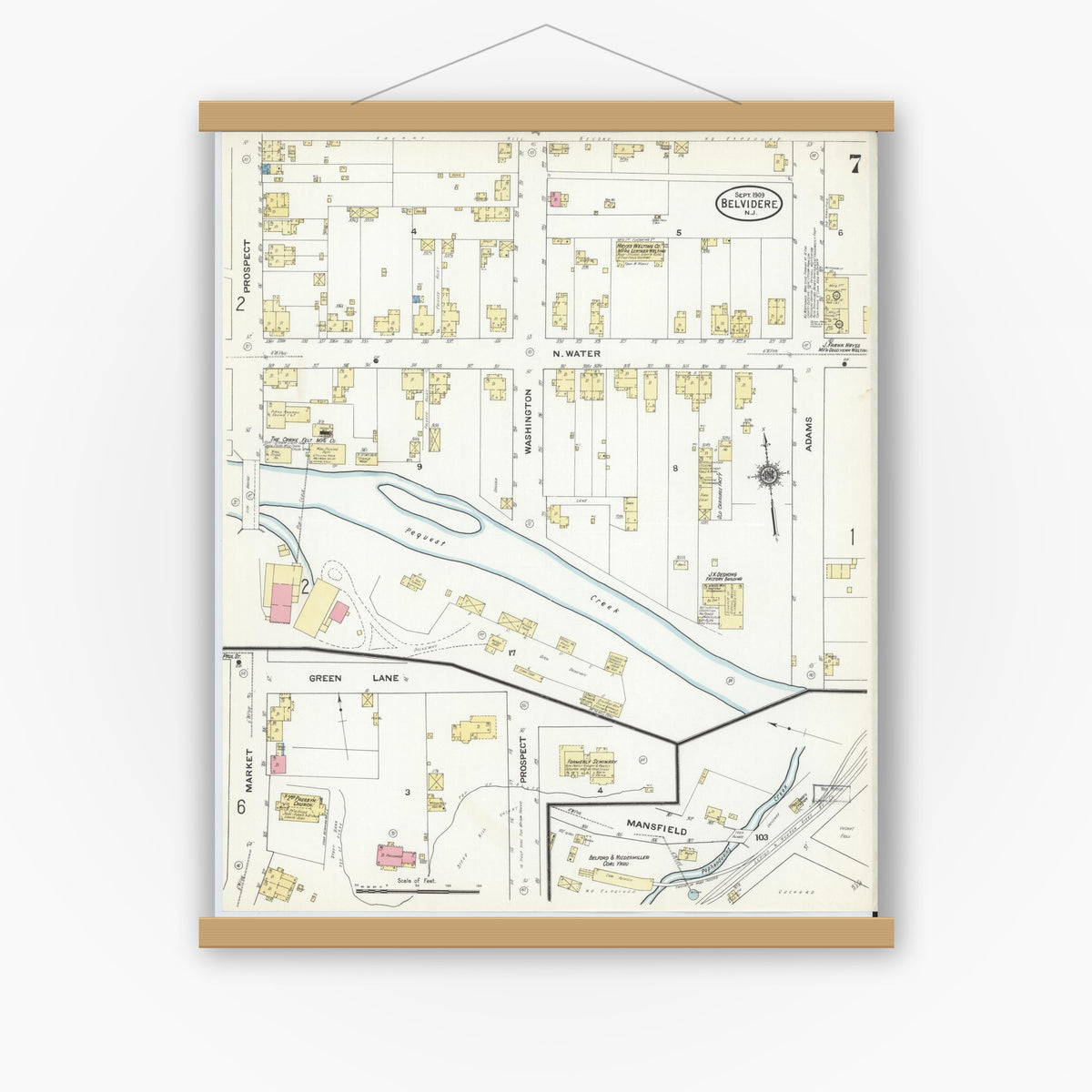 Old map wall art mockup — magnetic wood frame on white wall — Sanborn Fire Insurance Map from Belvidere, Warren County, New Jersey (1909), Sheet #0007
