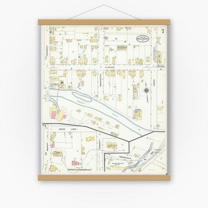 Old map wall art mockup — magnetic wood frame on white wall — Sanborn Fire Insurance Map from Belvidere, Warren County, New Jersey (1909), Sheet #0007