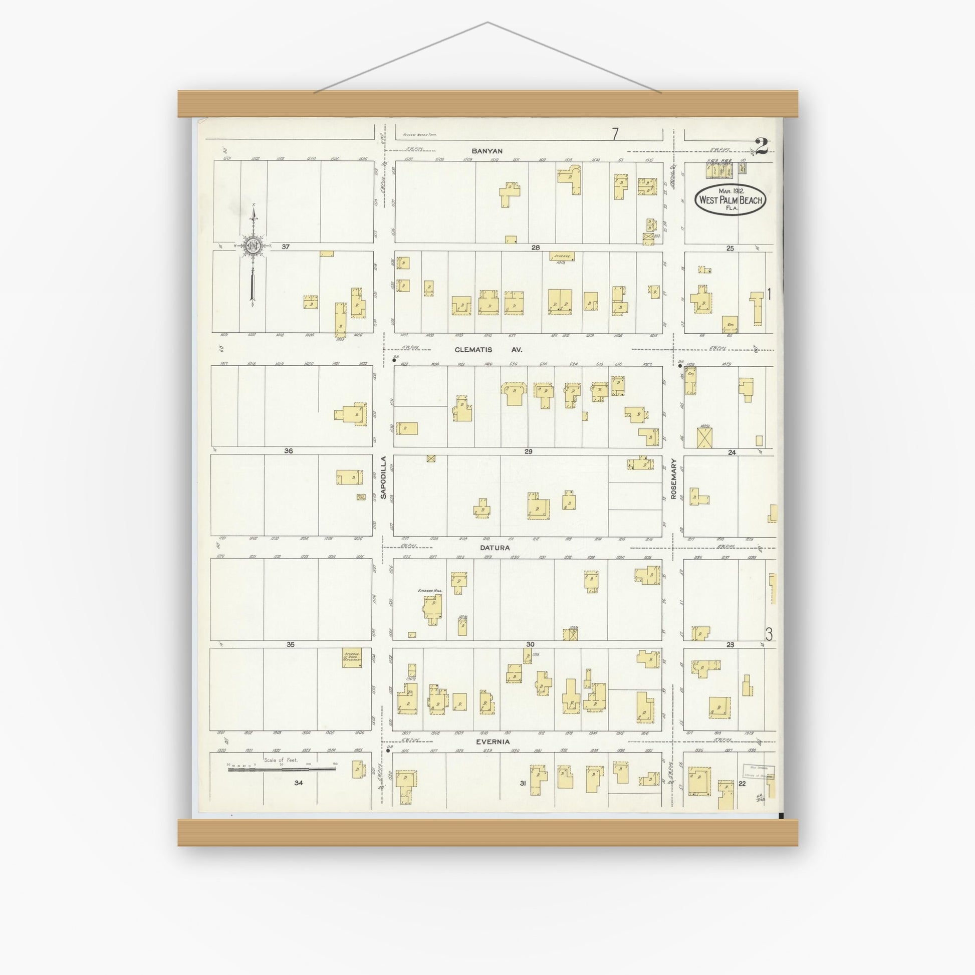 Old map wall art mockup — magnetic wood frame on white wall — Sanborn Fire Insurance Map from West Palm Beach, Dade County, Florida (1912), Sheet #0002