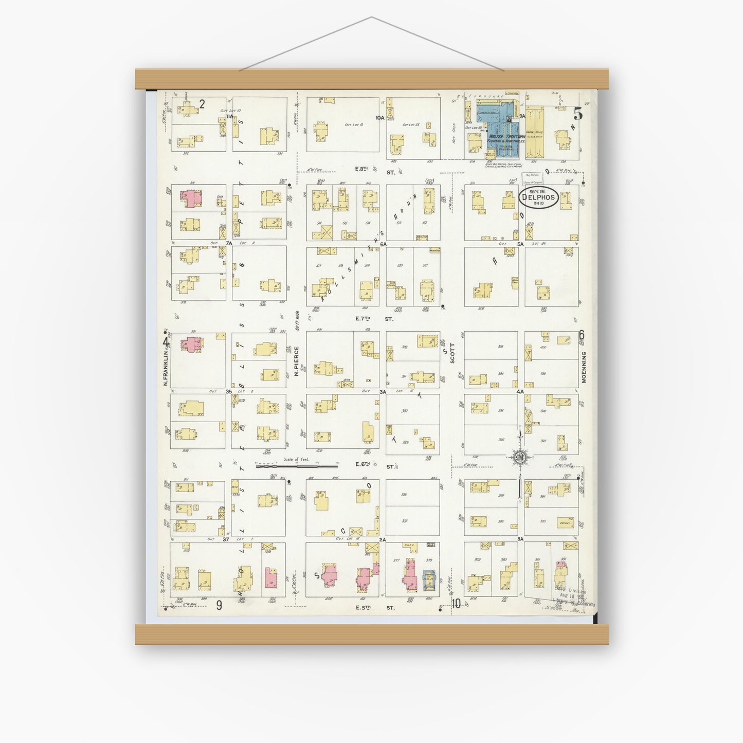Old map wall art mockup — magnetic wood frame on white wall — Sanborn Fire Insurance Map from Delphos, Van Wert And Allen Counties, Ohio (1911), Sheet #0005