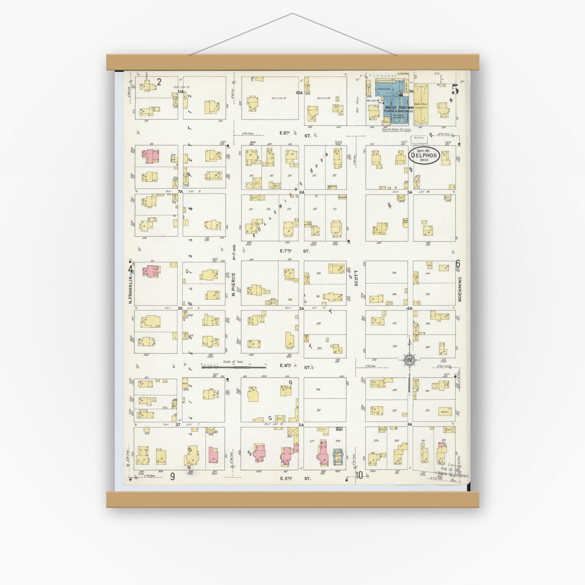 Old map wall art mockup — magnetic wood frame on white wall — Sanborn Fire Insurance Map from Delphos, Van Wert And Allen Counties, Ohio (1911), Sheet #0005