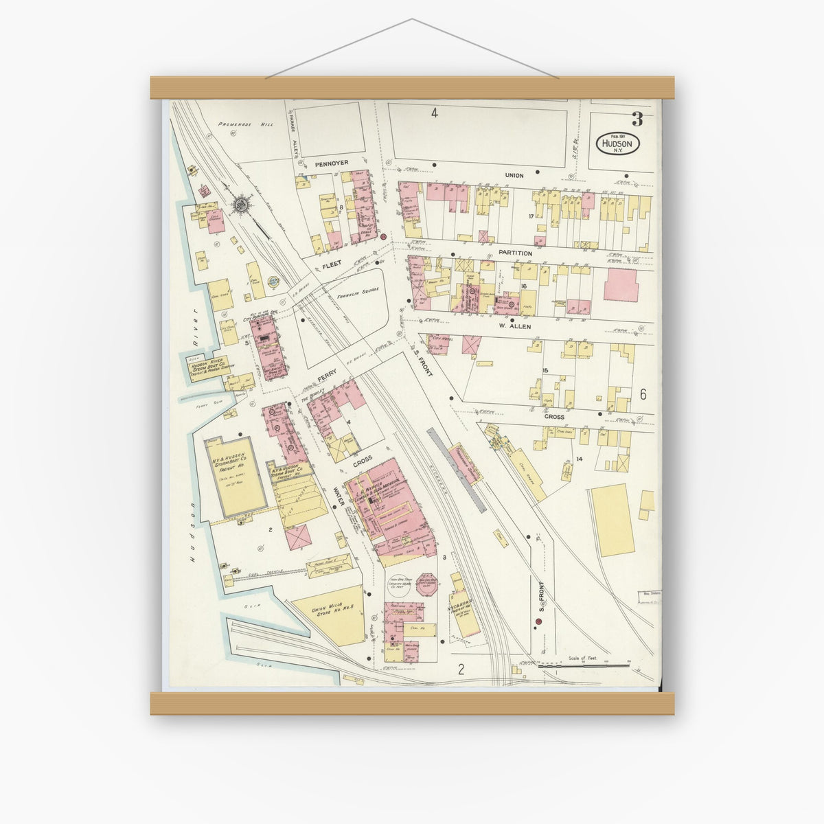 Old map wall art mockup — magnetic wood frame on white wall — Sanborn Fire Insurance Map from Hudson, Columbia County, New York (1911), Sheet #0003