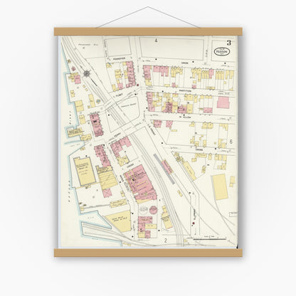 Old map wall art mockup — magnetic wood frame on white wall — Sanborn Fire Insurance Map from Hudson, Columbia County, New York (1911), Sheet #0003