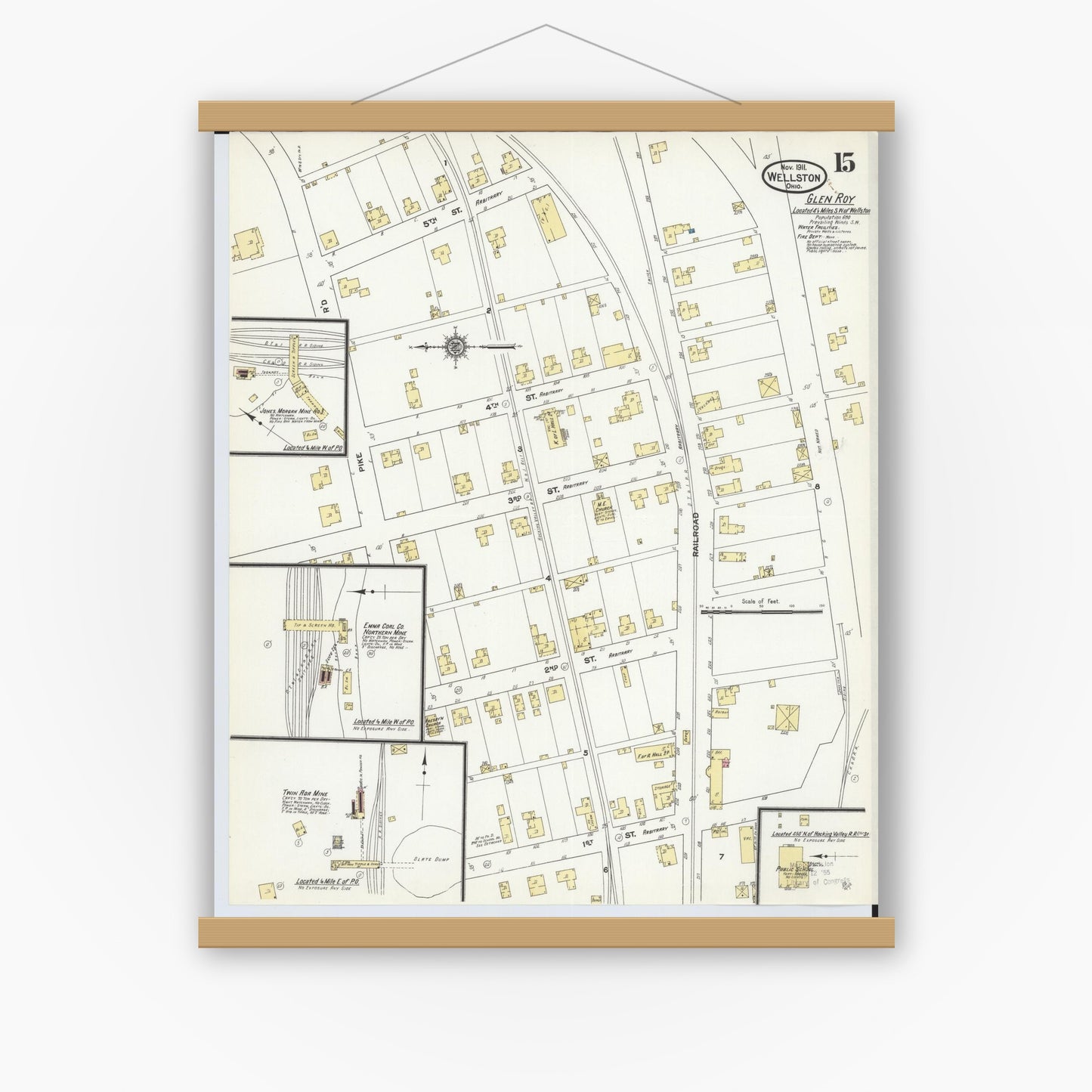 Old map wall art mockup — magnetic wood frame on white wall — Sanborn Fire Insurance Map from Wellston, Jackson County, Ohio (1911), Sheet #0015