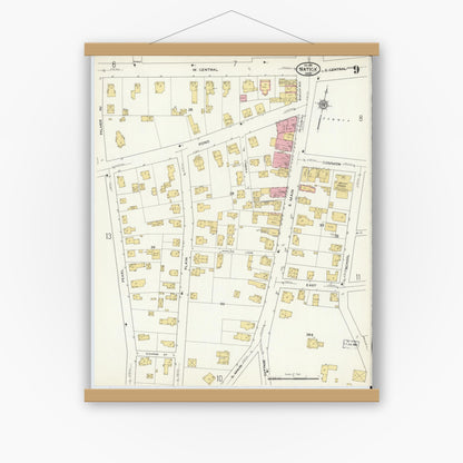 Old map wall art mockup — magnetic wood frame on white wall — Sanborn Fire Insurance Map from Natick, Middlesex County, Massachusetts (1915), Sheet #0009