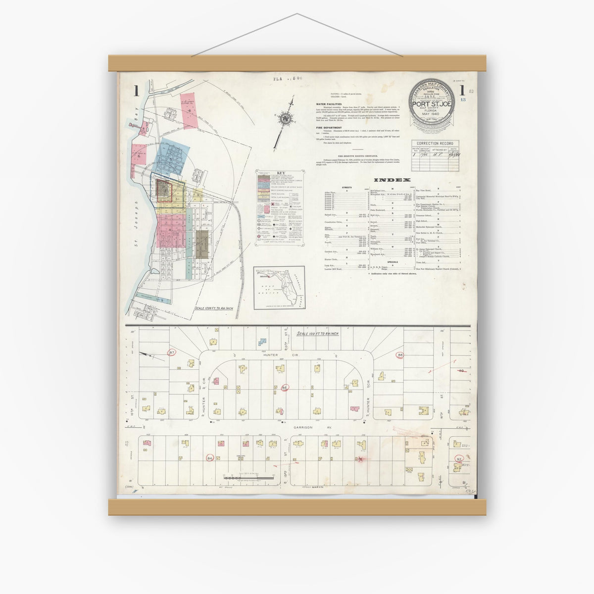 Old map wall art mockup — magnetic wood frame on white wall — Sanborn Fire Insurance Map from Port Saint Joe, Gulf County, Florida (1945) - Complete Map Set