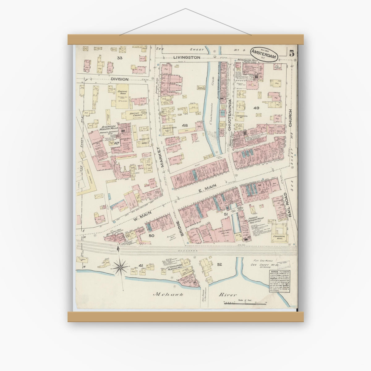 Old map wall art mockup — magnetic wood frame on white wall — Sanborn Fire Insurance Map from Amsterdam, Montgomery County, New York (1884), Sheet #0005