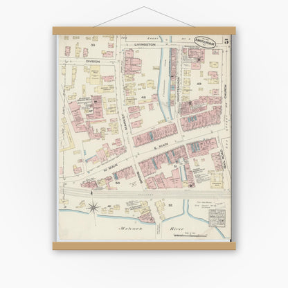 Old map wall art mockup — magnetic wood frame on white wall — Sanborn Fire Insurance Map from Amsterdam, Montgomery County, New York (1884), Sheet #0005