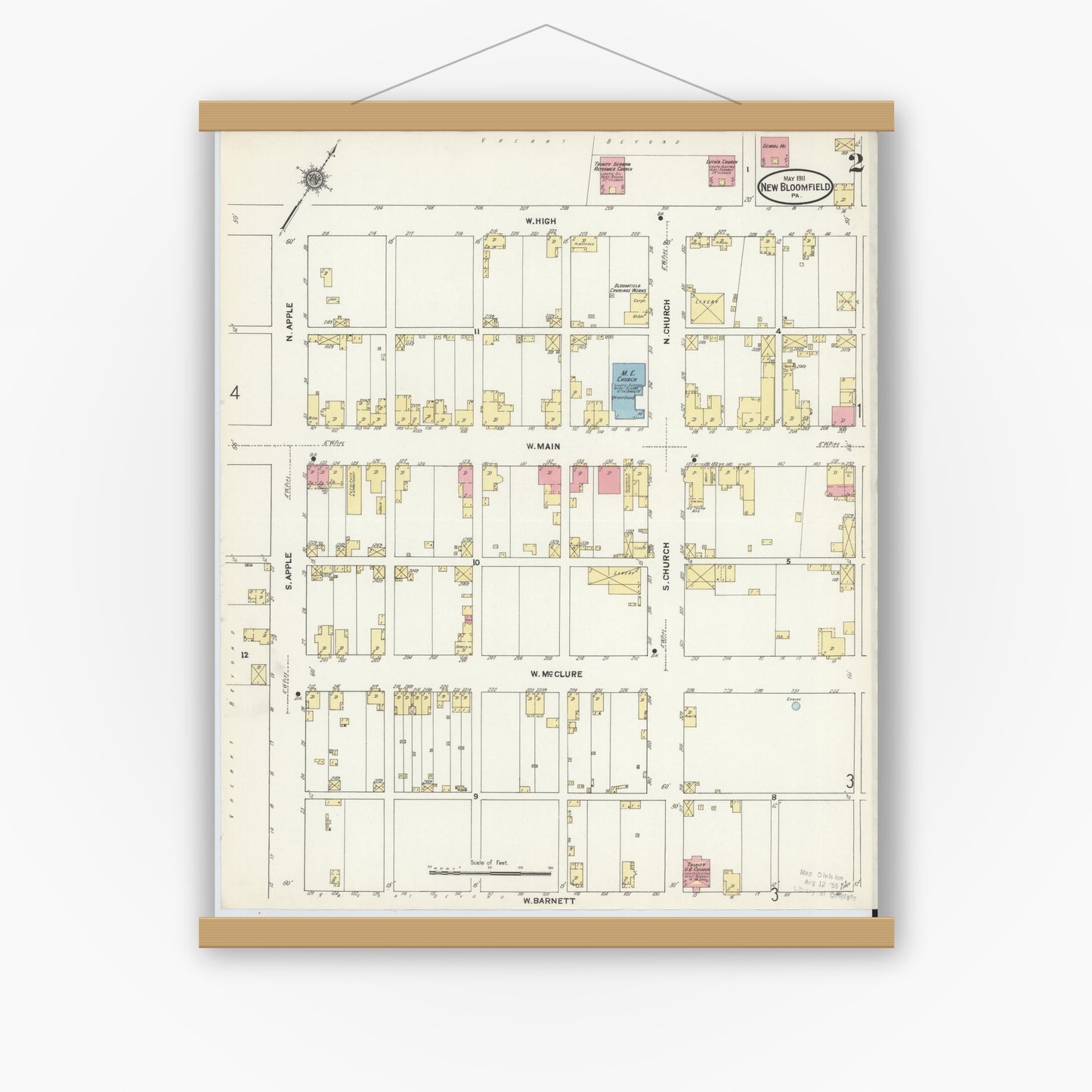 Old map wall art mockup — magnetic wood frame on white wall — Sanborn Fire Insurance Map from New Bloomfield, Perry County, Pennsylvania (1911), Sheet #0002