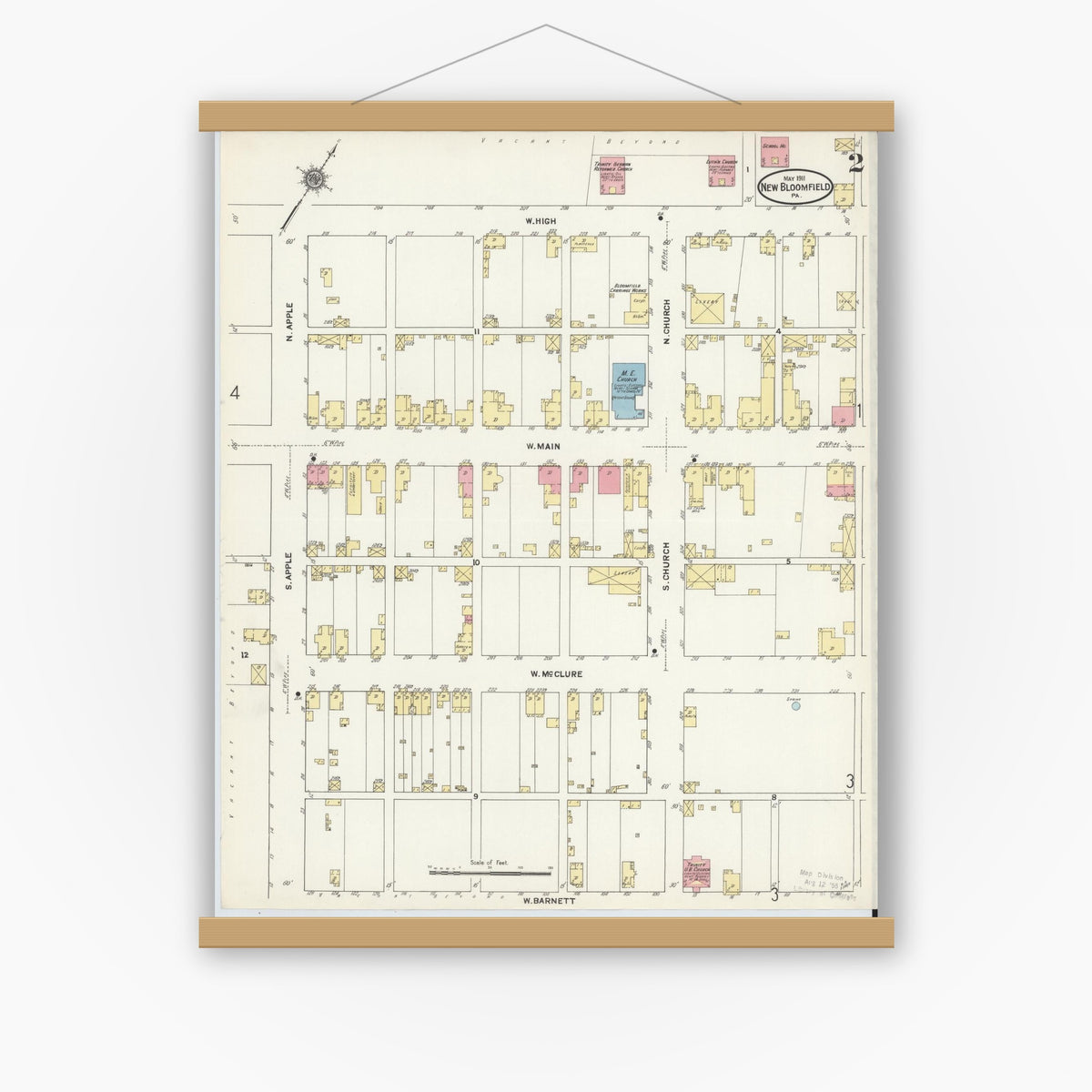 Old map wall art mockup — magnetic wood frame on white wall — Sanborn Fire Insurance Map from New Bloomfield, Perry County, Pennsylvania (1911), Sheet #0002