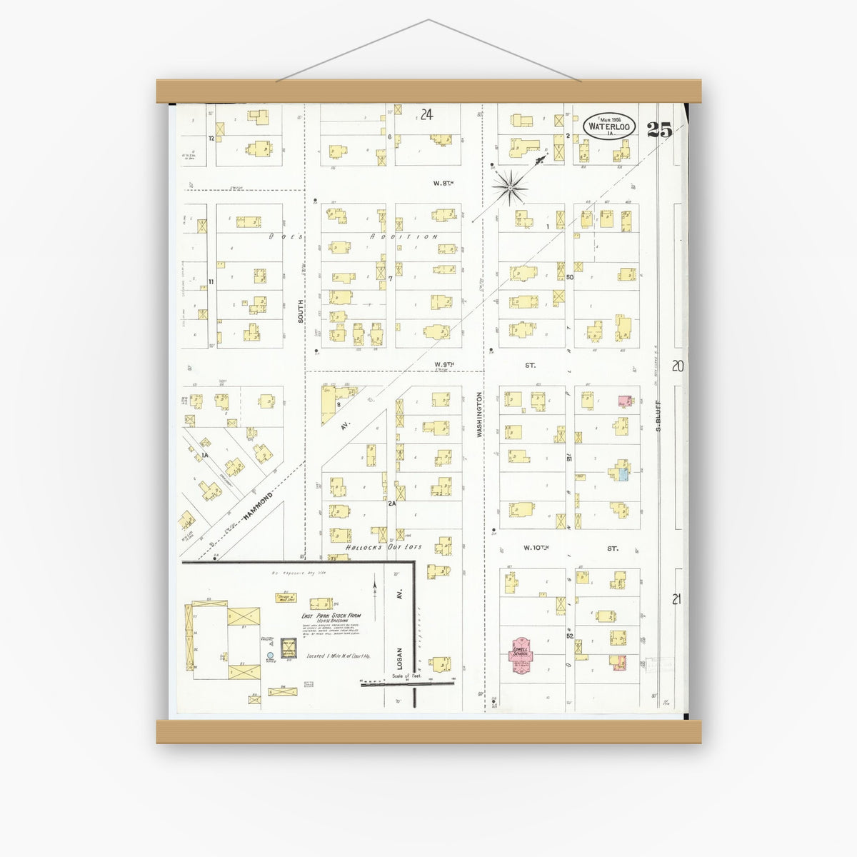 Old map wall art mockup — magnetic wood frame on white wall — Sanborn Fire Insurance Map from Waterloo, Black Hawk County, Iowa (1906), Sheet #0025