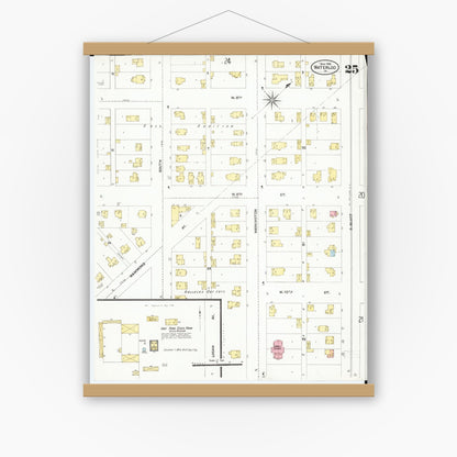 Old map wall art mockup — magnetic wood frame on white wall — Sanborn Fire Insurance Map from Waterloo, Black Hawk County, Iowa (1906), Sheet #0025