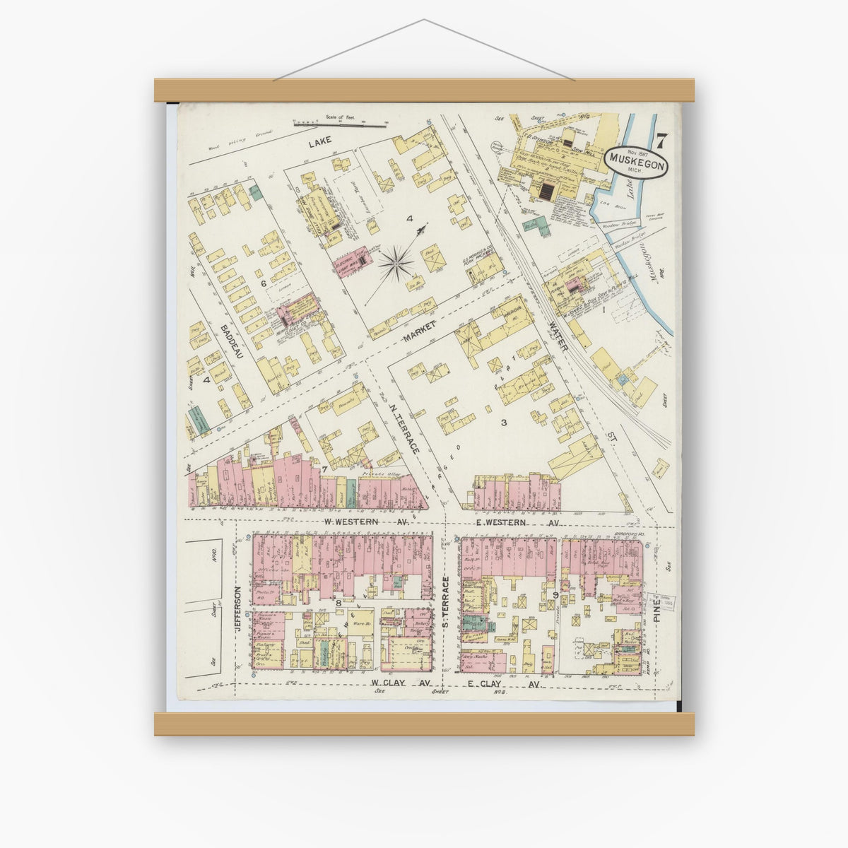 Old map wall art mockup — magnetic wood frame on white wall — Sanborn Fire Insurance Map from Muskegon, Muskegon County, Michigan (1887), Sheet #0007